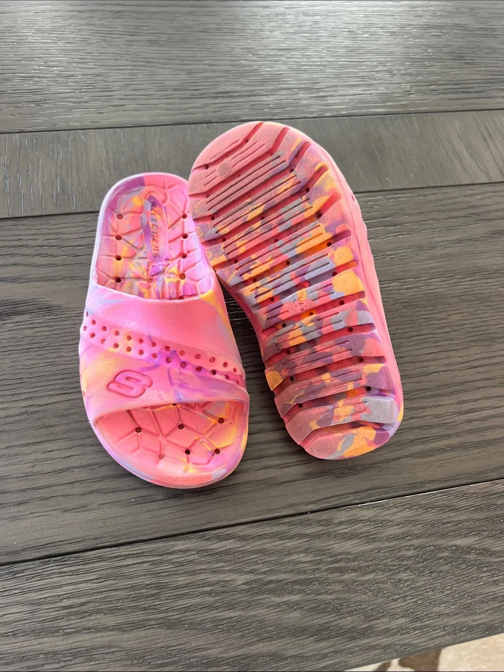 Skechers Kids Pink Tie-Dye Slide Sandals with Yellow & Purple Swirls